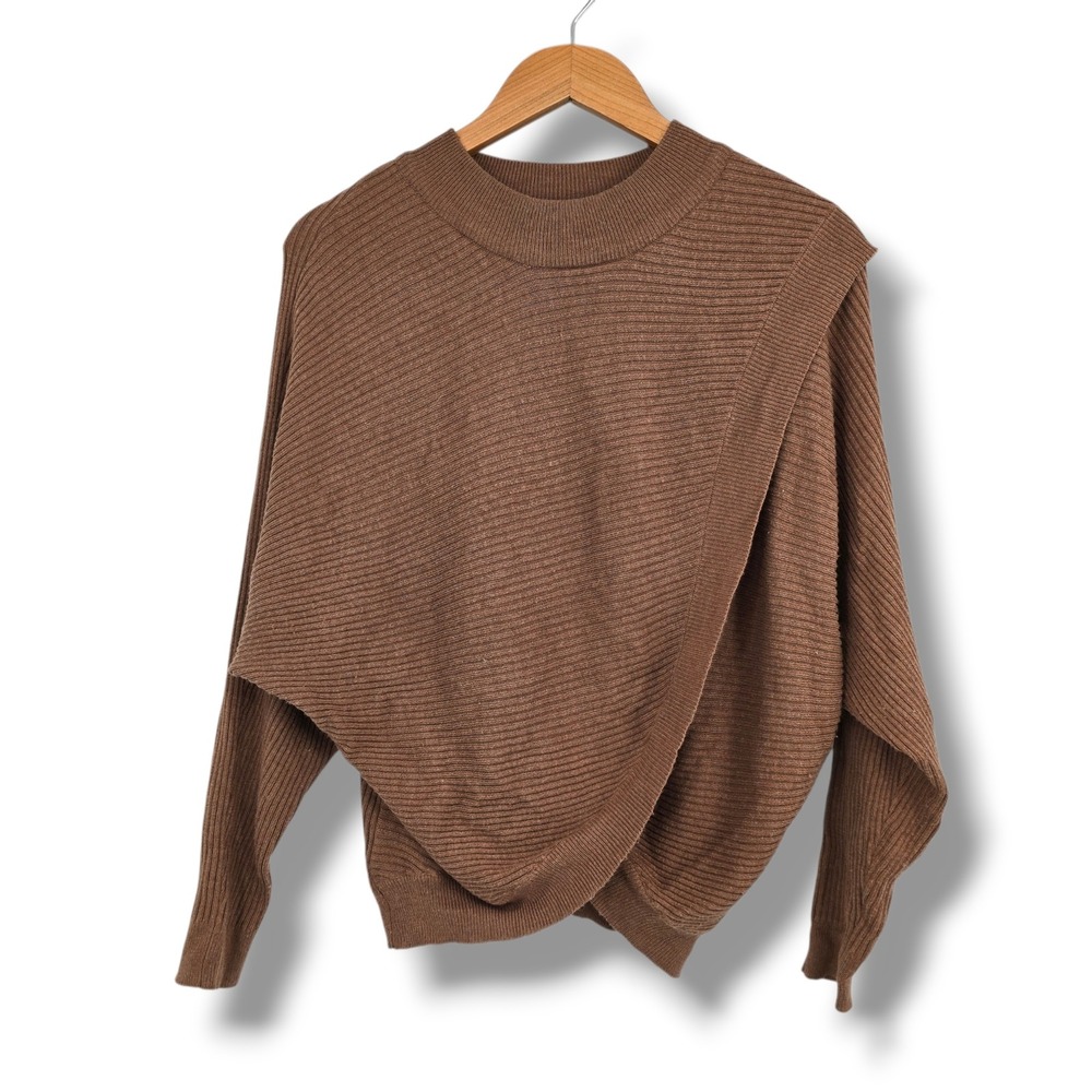 Kerisma Cedar Brown Ribbed Cashmere Blend Wrap Front Asymmetrical Sweater S/M